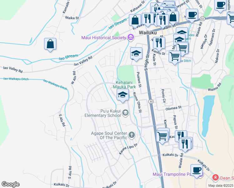 map of restaurants, bars, coffee shops, grocery stores, and more near 211 Hooulu Lane in Wailuku