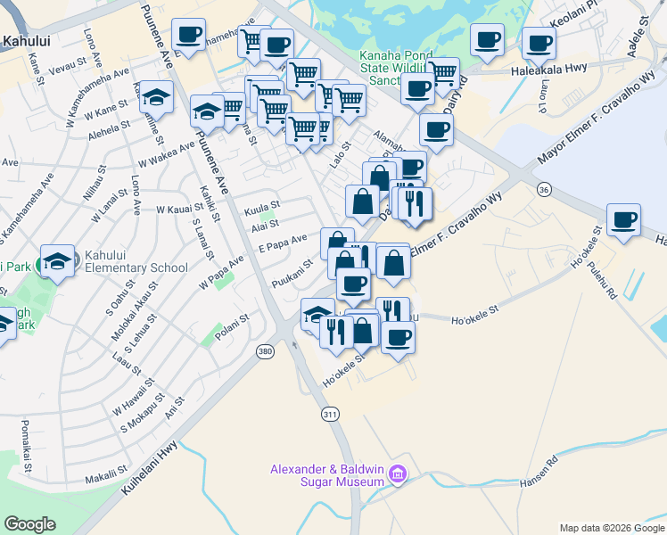 map of restaurants, bars, coffee shops, grocery stores, and more near 116 Aoloa Loop in Kahului