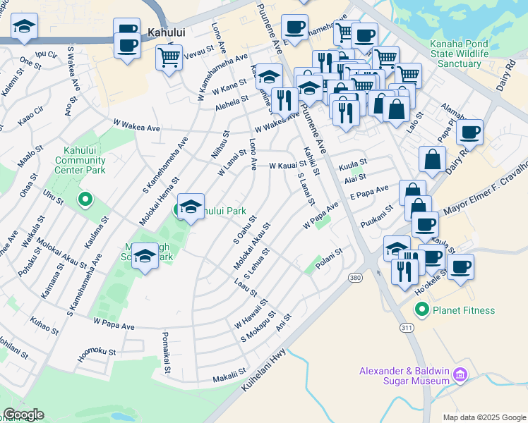 map of restaurants, bars, coffee shops, grocery stores, and more near 435 South Oahu Street in Kahului