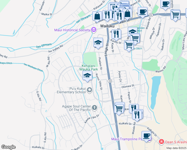 map of restaurants, bars, coffee shops, grocery stores, and more near 15 Ohia Laka Place in Wailuku