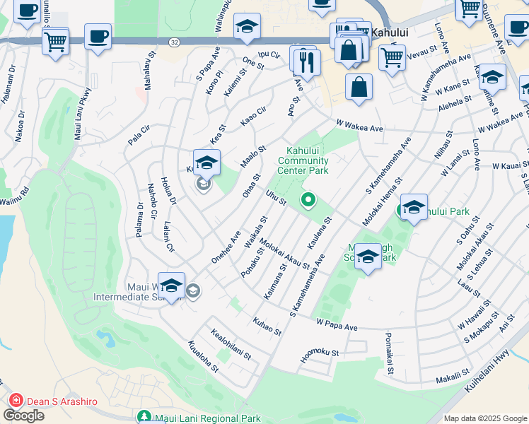 map of restaurants, bars, coffee shops, grocery stores, and more near 526 Waikala Street in Kahului