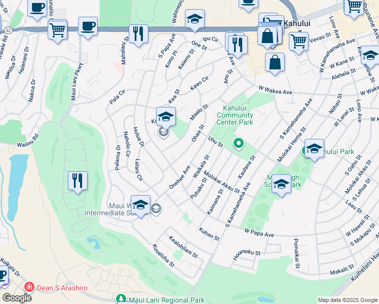 map of restaurants, bars, coffee shops, grocery stores, and more near 313 Ohaa Street in Kahului
