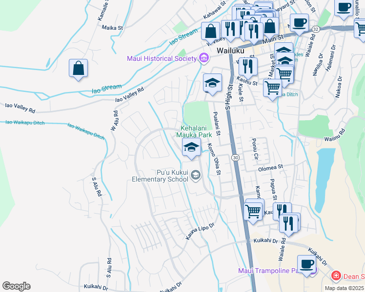 map of restaurants, bars, coffee shops, grocery stores, and more near 115 Hoowaiwai Loop in Wailuku