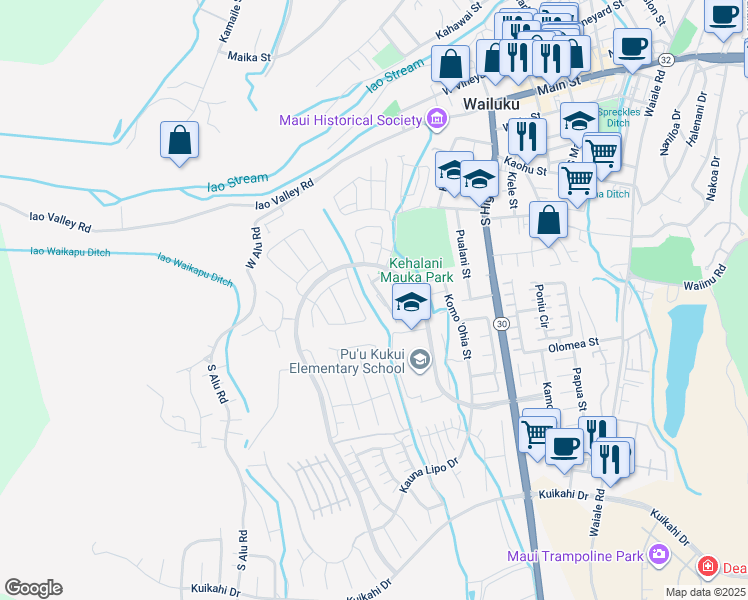 map of restaurants, bars, coffee shops, grocery stores, and more near 135 Hoowaiwai Loop in Wailuku