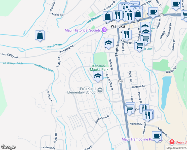 map of restaurants, bars, coffee shops, grocery stores, and more near 218 Hooulu Lane in Wailuku