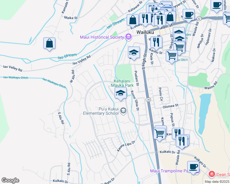 map of restaurants, bars, coffee shops, grocery stores, and more near 137 Hoowaiwai Loop in Wailuku