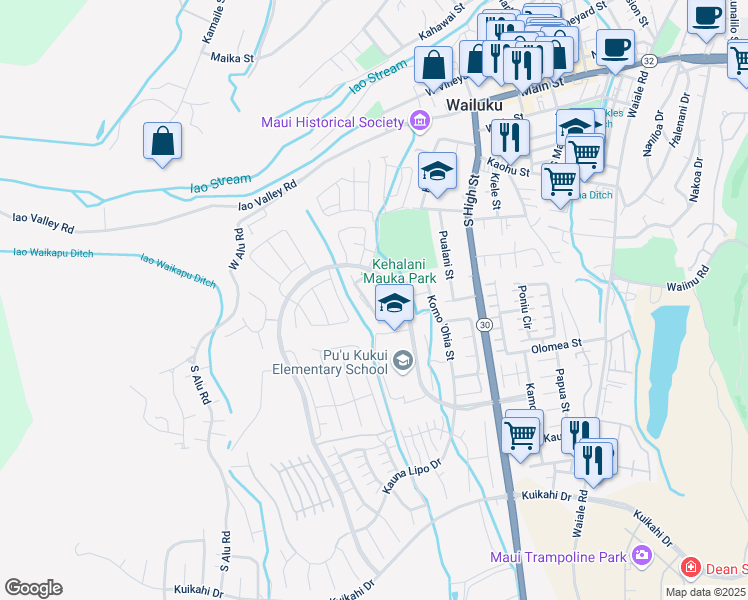 map of restaurants, bars, coffee shops, grocery stores, and more near 143 Hoowaiwai Loop in Wailuku