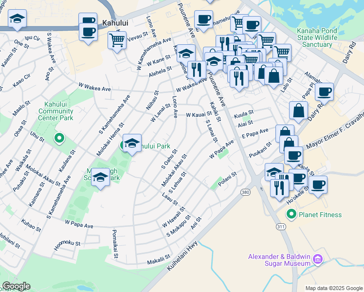 map of restaurants, bars, coffee shops, grocery stores, and more near 435 South Oahu Street in Kahului