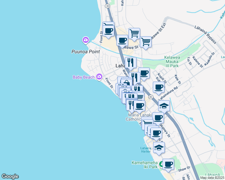 map of restaurants, bars, coffee shops, grocery stores, and more near 1007 Front Street in Lahaina