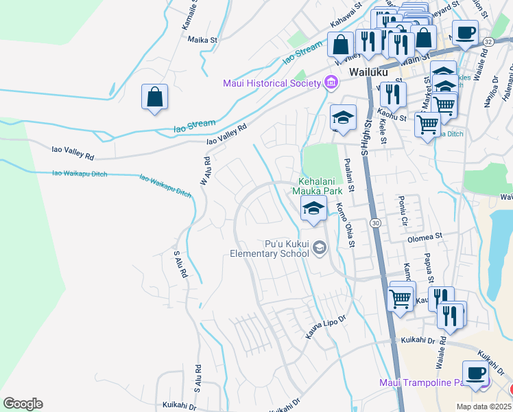 map of restaurants, bars, coffee shops, grocery stores, and more near 129 Lili Lehua Street in Wailuku