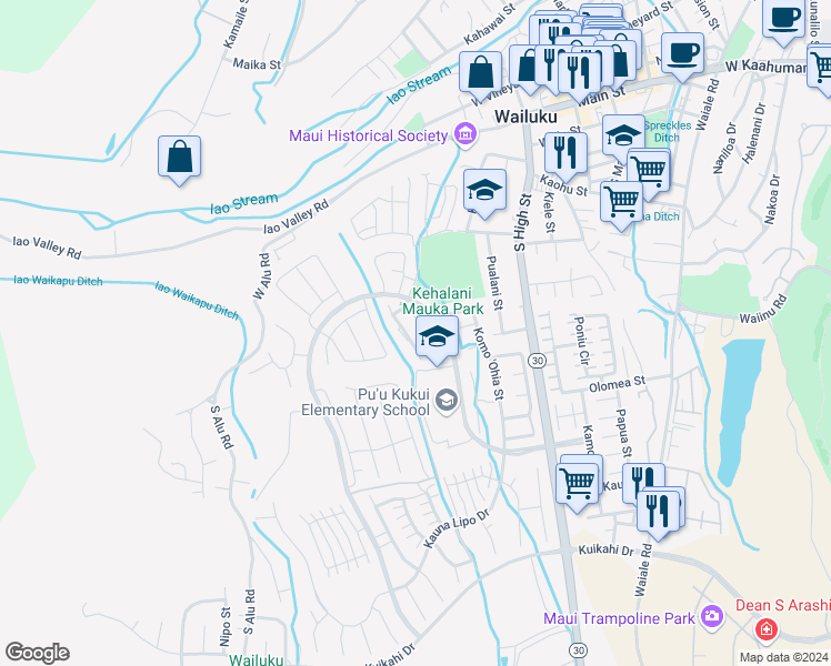 map of restaurants, bars, coffee shops, grocery stores, and more near 218 Hooulu Lane in Wailuku