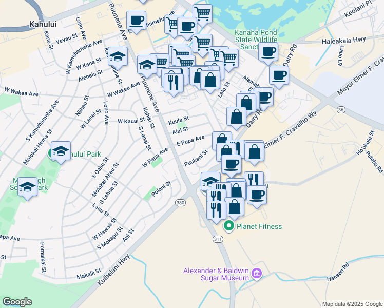 map of restaurants, bars, coffee shops, grocery stores, and more near 42 East Hawaii Street in Kahului