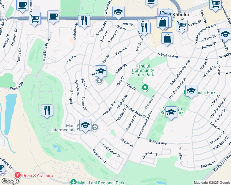 map of restaurants, bars, coffee shops, grocery stores, and more near 313 Ohaa Street in Kahului
