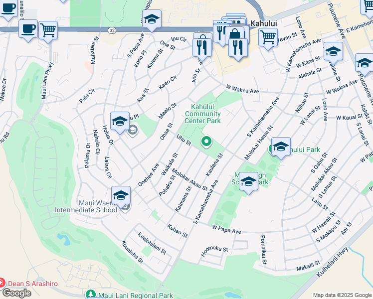 map of restaurants, bars, coffee shops, grocery stores, and more near 512 Pohaku Street in Kahului