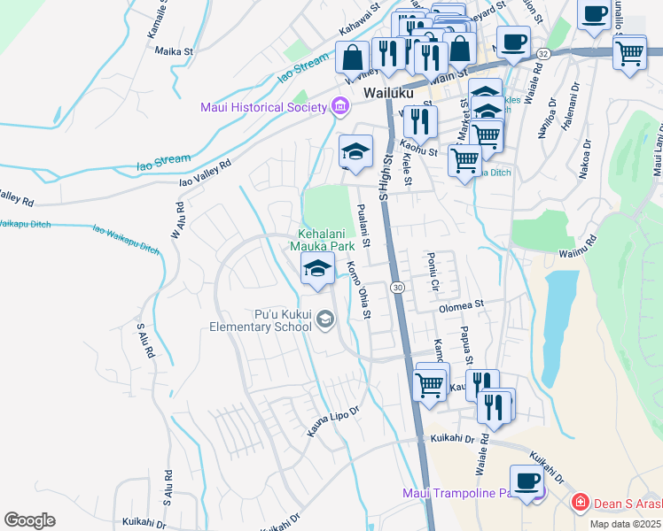 map of restaurants, bars, coffee shops, grocery stores, and more near 23 Ohia Laka Place in Wailuku