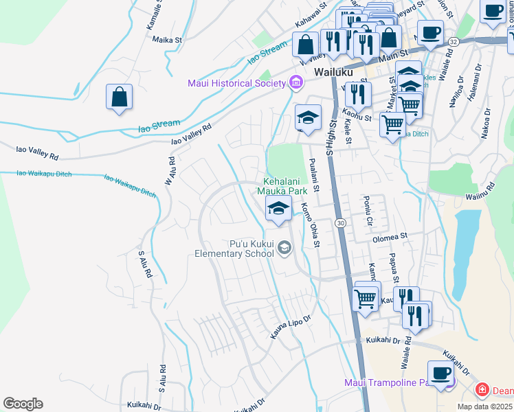 map of restaurants, bars, coffee shops, grocery stores, and more near 134 Hoowaiwai Loop in Wailuku
