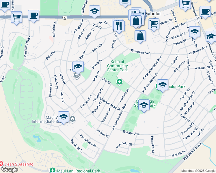 map of restaurants, bars, coffee shops, grocery stores, and more near 512 Pohaku Street in Kahului