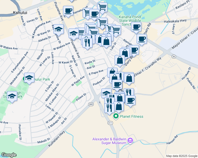 map of restaurants, bars, coffee shops, grocery stores, and more near 48 East Hawaii Street in Kahului
