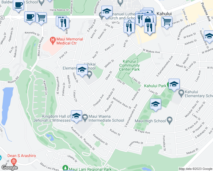 map of restaurants, bars, coffee shops, grocery stores, and more near 592 Onehee Avenue in Kahului