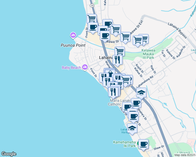 map of restaurants, bars, coffee shops, grocery stores, and more near in Lahaina