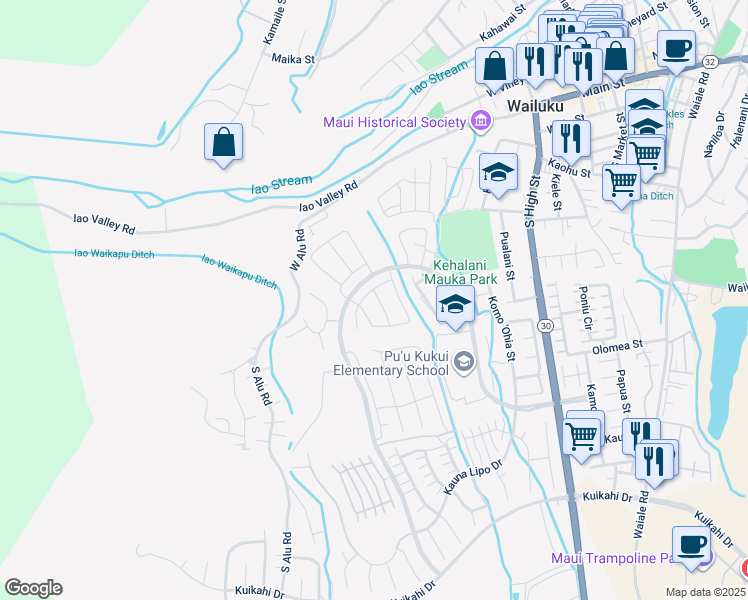 map of restaurants, bars, coffee shops, grocery stores, and more near 129 Lili Lehua Street in Wailuku
