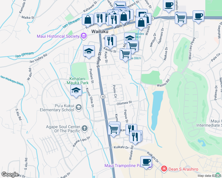 map of restaurants, bars, coffee shops, grocery stores, and more near 73 Poniu Circle in Wailuku