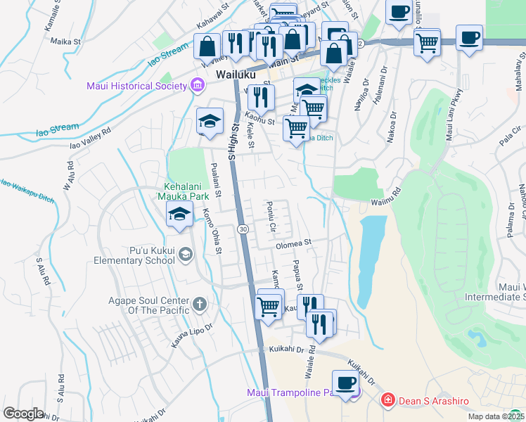 map of restaurants, bars, coffee shops, grocery stores, and more near 73 Poniu Circle in Wailuku