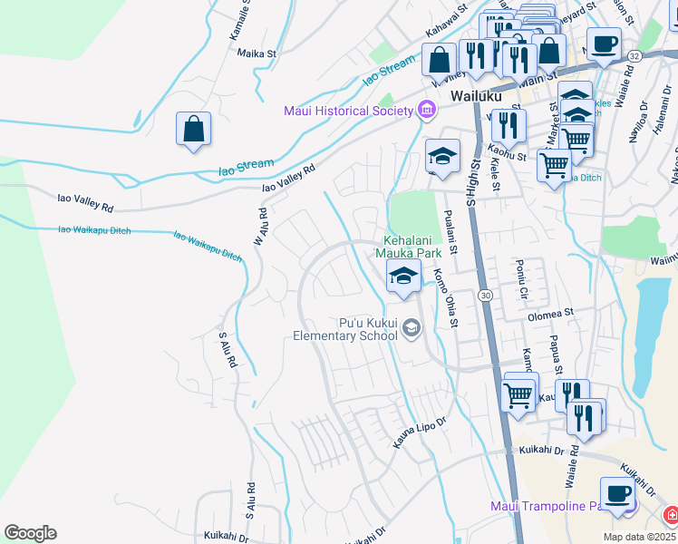 map of restaurants, bars, coffee shops, grocery stores, and more near 128 Lili Lehua Street in Wailuku