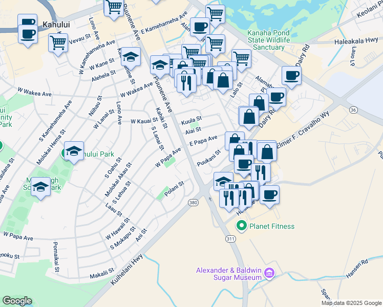 map of restaurants, bars, coffee shops, grocery stores, and more near 479 Puunene Avenue in Kahului