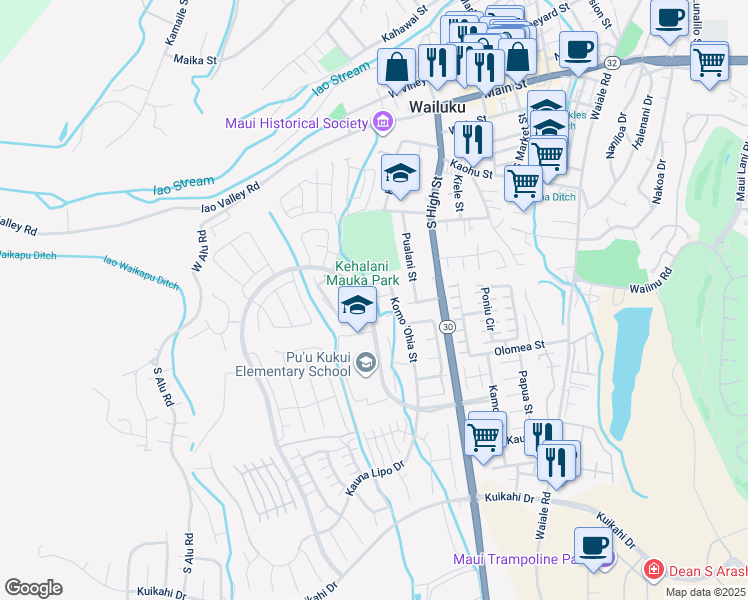 map of restaurants, bars, coffee shops, grocery stores, and more near 23 Ohia Laka Place in Wailuku