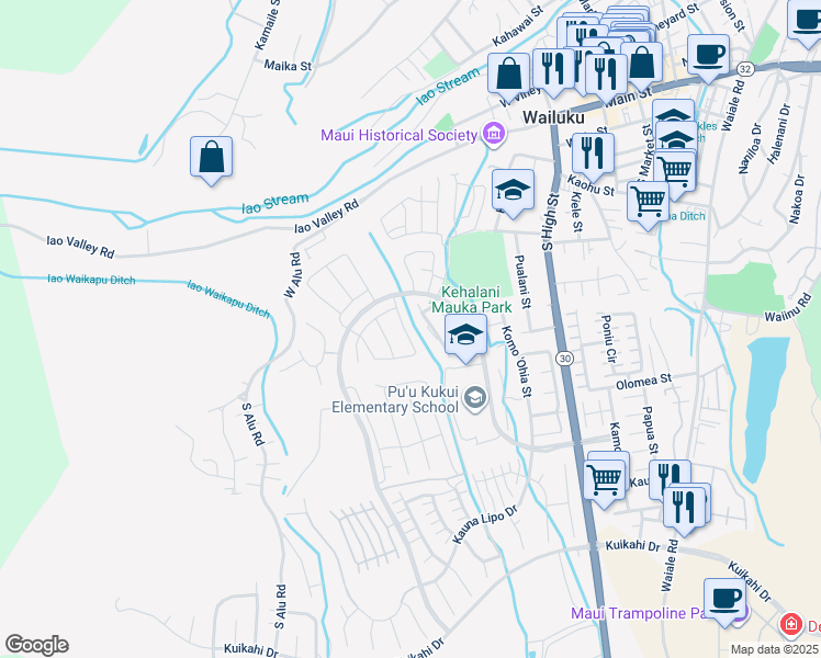 map of restaurants, bars, coffee shops, grocery stores, and more near 47 Ka ʻIkena Loop in Wailuku