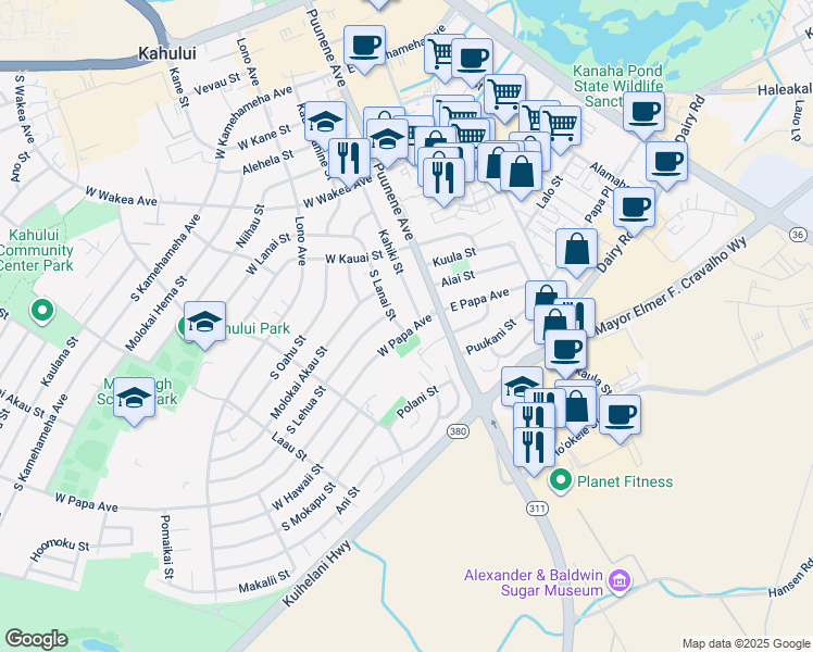 map of restaurants, bars, coffee shops, grocery stores, and more near 455 South Lanai Street in Kahului