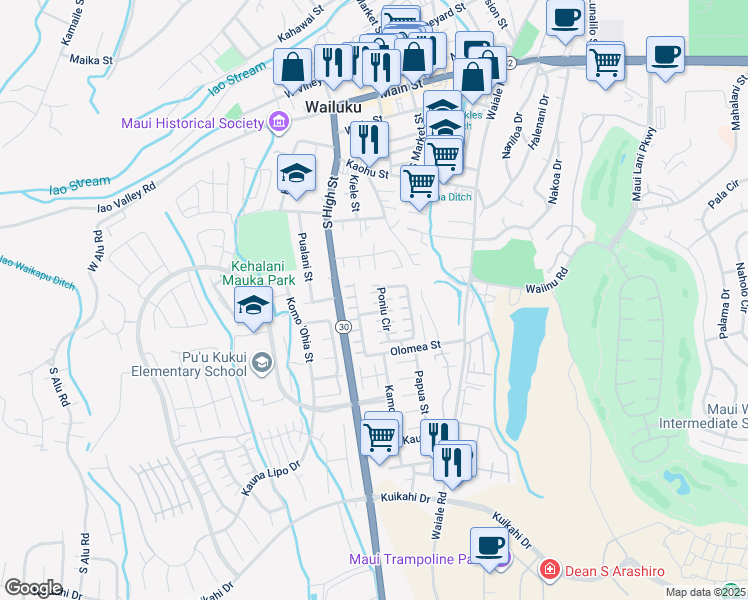 map of restaurants, bars, coffee shops, grocery stores, and more near 75 Poniu Circle in Wailuku