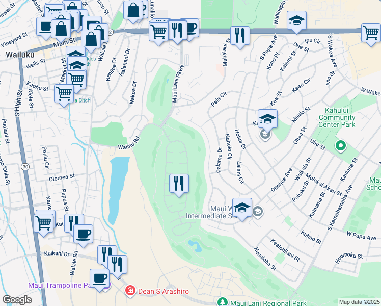 map of restaurants, bars, coffee shops, grocery stores, and more near 75 Kamalei Circle in Kahului