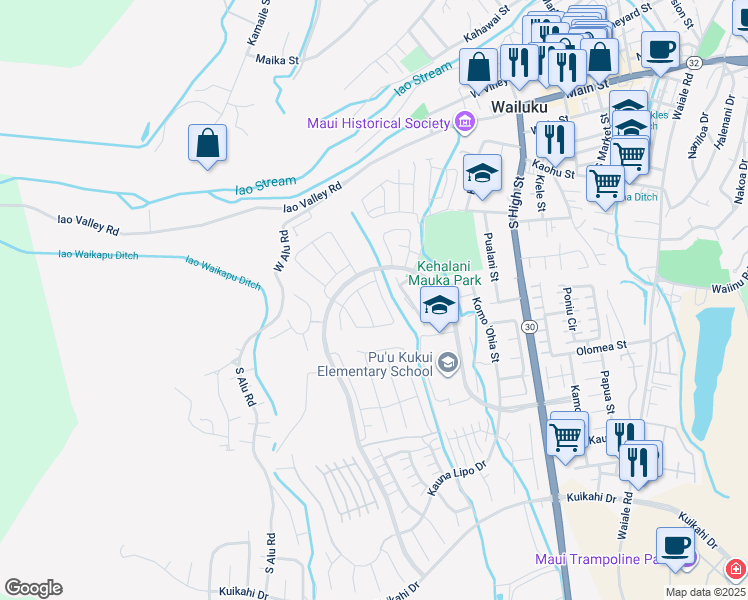 map of restaurants, bars, coffee shops, grocery stores, and more near 22 la iki street in Wailuku