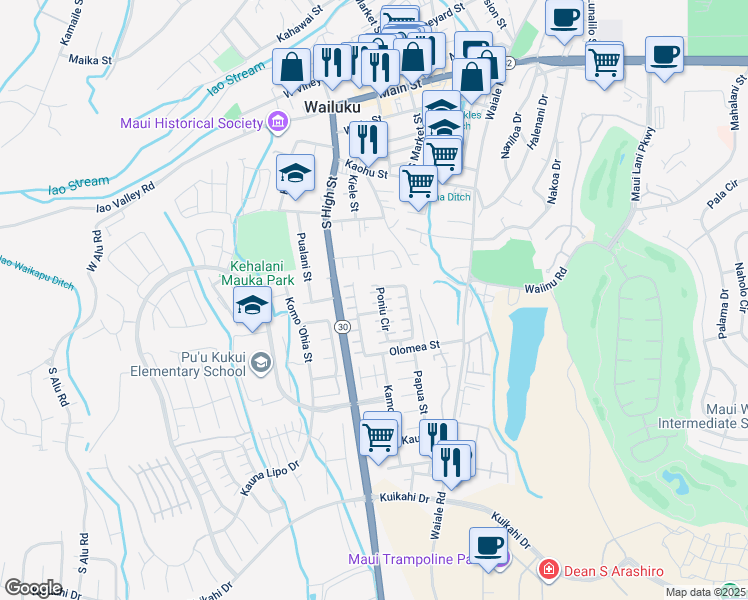 map of restaurants, bars, coffee shops, grocery stores, and more near 75 Poniu Circle in Wailuku