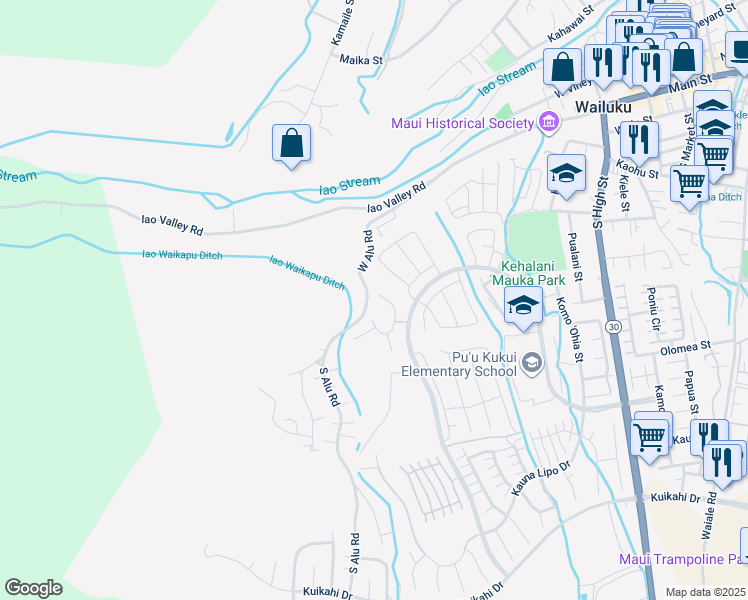 map of restaurants, bars, coffee shops, grocery stores, and more near 20 North Laikeha Place in Wailuku