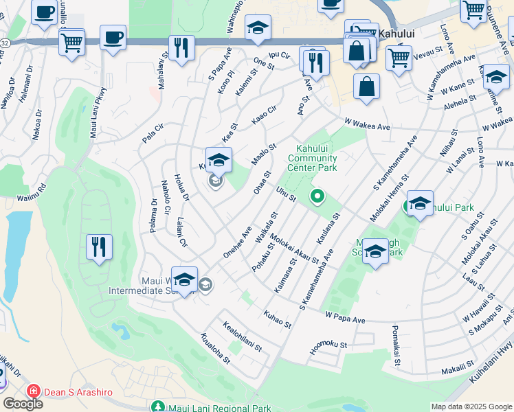 map of restaurants, bars, coffee shops, grocery stores, and more near 592 Onehee Avenue in Kahului