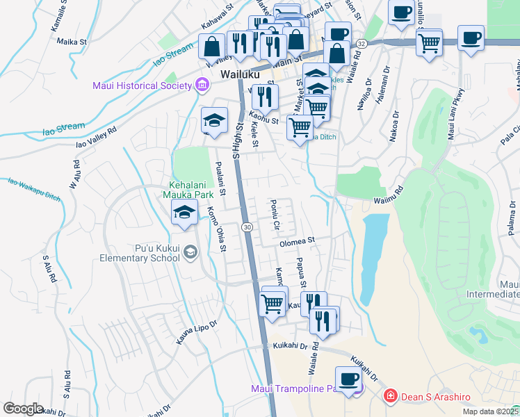 map of restaurants, bars, coffee shops, grocery stores, and more near 547 Akolea Place in Wailuku