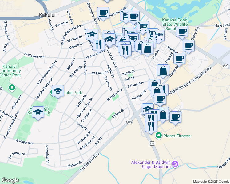 map of restaurants, bars, coffee shops, grocery stores, and more near 455 South Lanai Street in Kahului