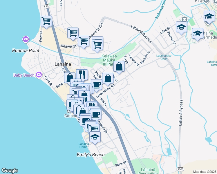 map of restaurants, bars, coffee shops, grocery stores, and more near 367 Lahainaluna Road in Lahaina