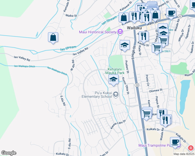 map of restaurants, bars, coffee shops, grocery stores, and more near 40 Ka ʻIkena Loop in Wailuku