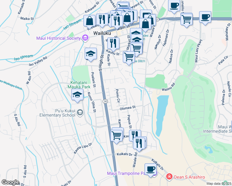 map of restaurants, bars, coffee shops, grocery stores, and more near 77 Poniu Circle in Wailuku