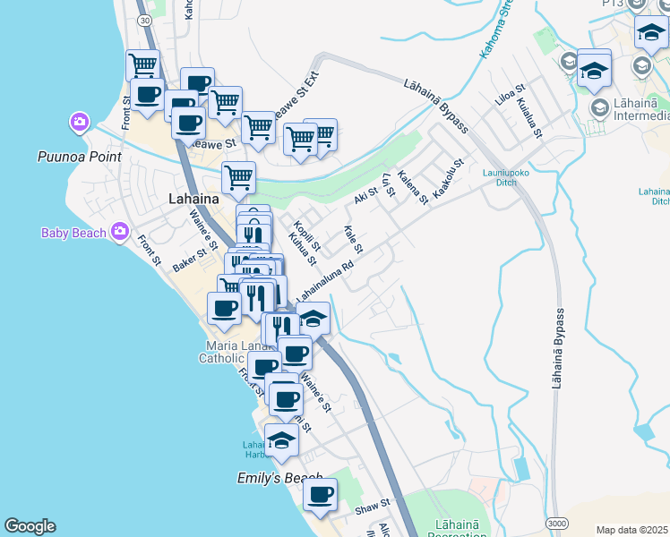 map of restaurants, bars, coffee shops, grocery stores, and more near 367 Lahainaluna Road in Lahaina