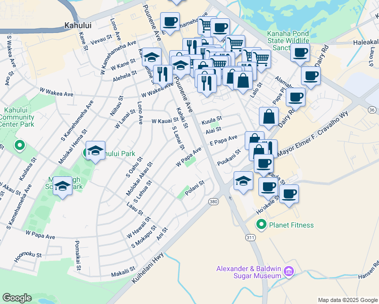 map of restaurants, bars, coffee shops, grocery stores, and more near 455 South Lanai Street in Kahului