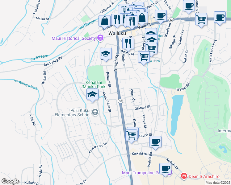 map of restaurants, bars, coffee shops, grocery stores, and more near 508 Pualani Street in Wailuku