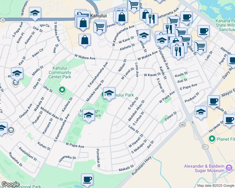 map of restaurants, bars, coffee shops, grocery stores, and more near 288 West Kauai Street in Kahului