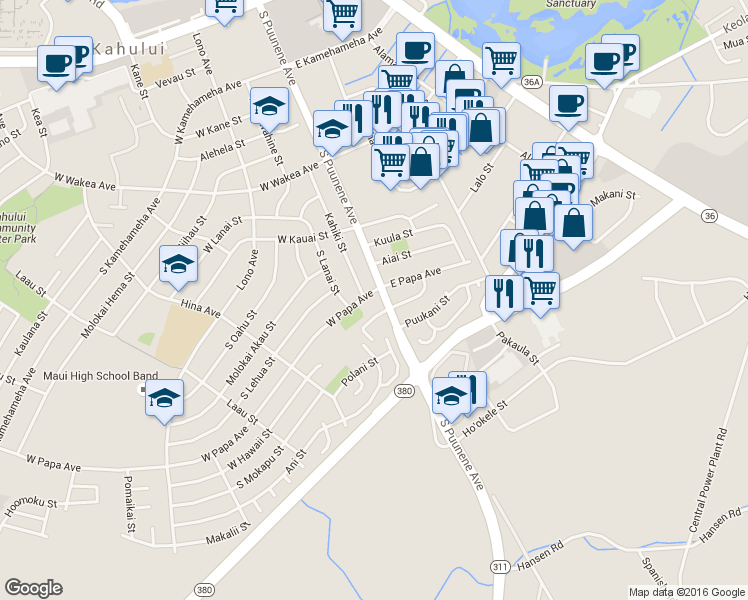 map of restaurants, bars, coffee shops, grocery stores, and more near 17 West Papa Avenue in Kahului