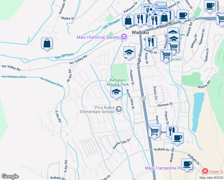 map of restaurants, bars, coffee shops, grocery stores, and more near 213 Hooulu Lane in Wailuku