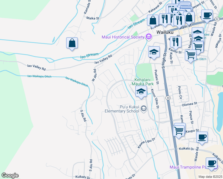 map of restaurants, bars, coffee shops, grocery stores, and more near 42 la iki street in Wailuku